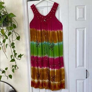 True Rock Boho Hippie  Embellished rainbow  Maxi dress 100% Rayon oversized OSFM